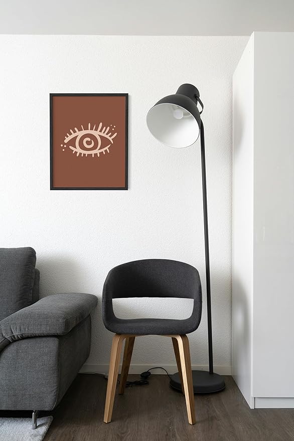 Mystical Evil Eye Wall Art Nazar Protection Symbol Earth Tones Terracotta Mid Century Modern 11x14 Inch Oak Wood Black Framed Boho Spiritual Decor Print for Home