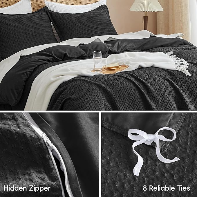 PHF Waffle Weave Duvet Cover Set King Size, No Snagging Ultra Soft Luxury Textured Breathable Comforter Cover for All Season 3pcs, Durable Bedding Duvet Set with 2 Pillow Shams, 104"x90", Black