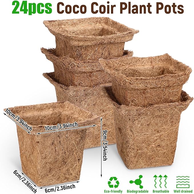 24 Pcs Coco Coir Plant Pots 4 Inch Biodegradable Seed Starter Cups, Coco Peat Seedling Cups Plant Nursery Cup Organic Coir Peat Pots for Seedlings, Herbs, Indoor/Outdoor Gardening