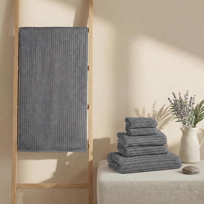 BIOWEAVES 100% Organic Cotton 6-Piece Luxury Bathroom Ribbed Towel Set GOTS Certified 700 GSM, 2 Bath Towel, 2 Hand Towel & 2 Wash Cloths - Pewter