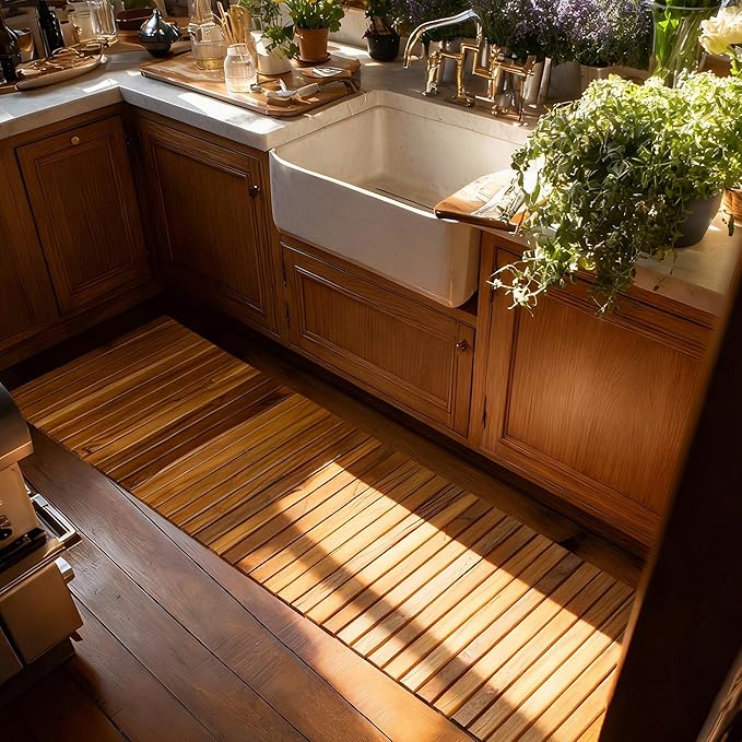 Utoplike Teak Wood Mat for Bathroom Dry Areas, Floor Mat with Non-Slip Rubber Back, Rollable, Fit for Kitchen, Vanity Area, Powder Room, Bath Room Entrance, Entryway Décor