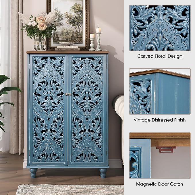 JOINICE 47" Tall Accent Cabinet with Carved Doors & Storage for Living Room | Vertical Storage for Dining Room,Bedroom, Carved Floral Design, Walnut Finish Top, Farmhouse/Rustic Style, Adjustable Shelves
