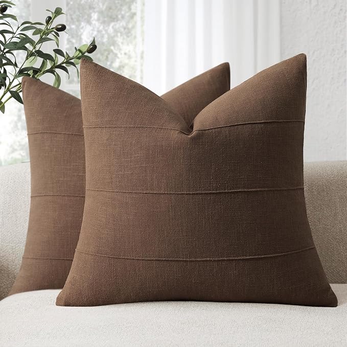 ZWJD Decorative Linen Throw Pillow Covers 26x26 Set of 2 Solid Handcrafted Striped Cushion Covers for Bed Soft Modern Farmhouse Neutral Pillowcase for Couch Bedroom Living Room Home Decor(Brown)
