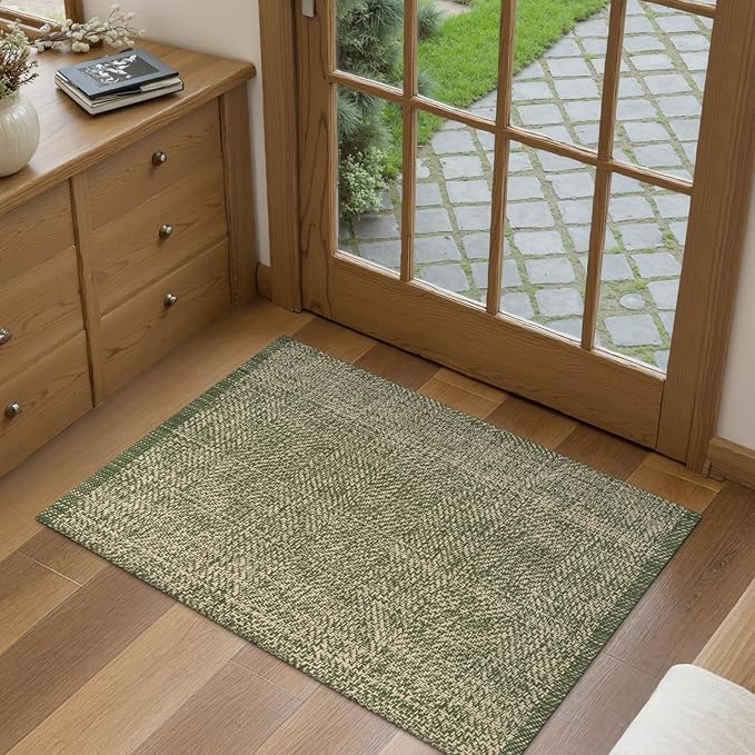 LEEVAN Washable Bathroom Rug, 2'x3' Low Profile Entryway Rugs Front Door Mat Cotton Reversible Kitchen Mat Boho Bedroom Rug Farmhouse Carpet for Foyer Front Porch Decor(Olive Green&Natural)