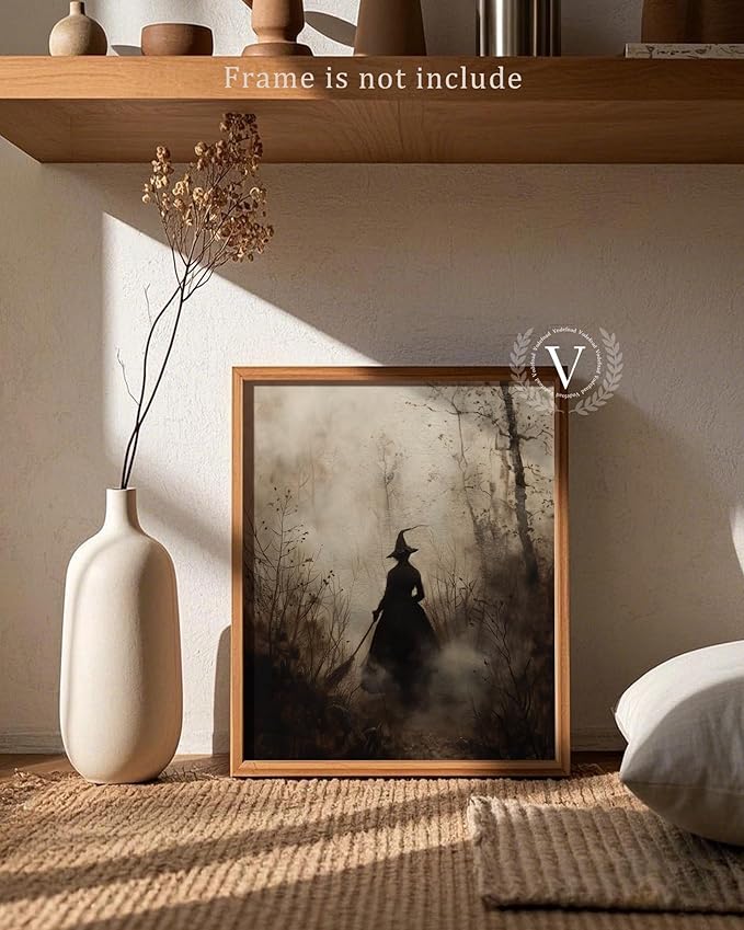 Vintage Witch Canvas Wall Art Prints Moody Witch in The Forest Pictures for Halloween Wall Decor Spooky Witchy Canvas Oil Painting Dark Academia Gothic Wall Decor for Gallery Living Room Bedroom (UNFRAMED 8x10in)