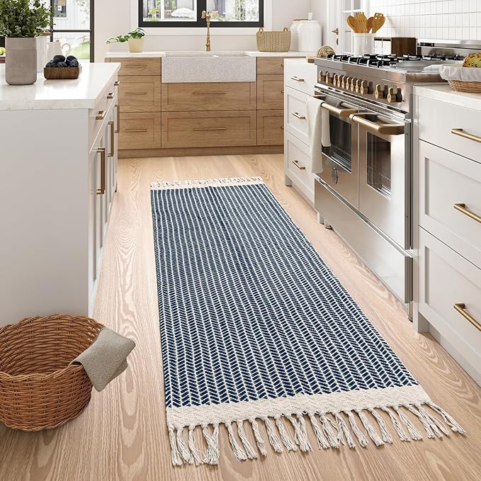 Lahome Belle Boho Kitchen Runner, 2x6 Laundry Room Rug Lightweight Runners for Hallways Washable Runner Rug with Tassels, Farmhouse Cotton Blue Throw Rugs Non Shedding Carpet for Entryway Bathroom