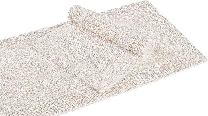 Bedding Craft Bathroom Bath Mat Rug – 100% Cotton, Reversible, Water Absorbent, Machine Washable, Soft Bathmat for Tub Side, Sets 2 Pieces (17x24+21x34) Beige