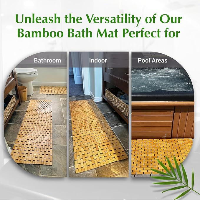 Bamboo Bath Mat 24 x 16 Inches and Wooden Soap Dish Set Bathroom Rugs Bathtub Mat Non Slip Bath Mats for Bathroom, Kitchen Sauna Spa Hot Tub Outdoor Decor