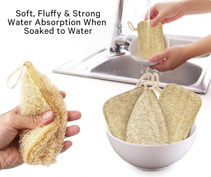 EMARA All Natural Kitchen Sponge Set of 3, Zero Waste Loufa, Organic, Vegan, 100% Biodegradable and Compostable, Durable, Reusable, Eco-Friendly Dishwashing Cleaning luffa Scrubber with Cotton String
