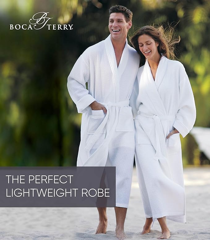 Women's Waffle Robe by Boca Terry, Lightweight Waffle Knit Summer Bathrobe | Full length, soft spa & hotel bath robe for women
