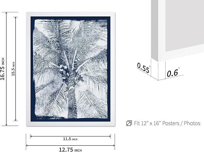Monem Art Coastal Palm Tree Cyanotype Print - Blue and White Tropical Botanical Art Poster - Wall Decor for Beach House, Bedroom or Living Room - 12x16 White Framed Wall Art by Renee Stramel