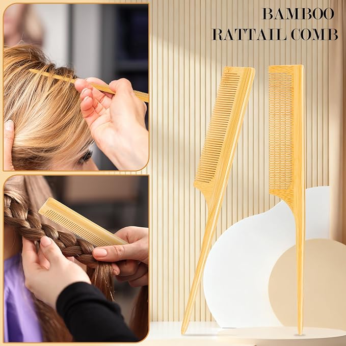 BFWood Bamboo Hair Brush Set, 3 PCS Natural Wooden Combs Paddle Detangling Hairbrush, Traveling Rat Tail Comb and Mini Paddle Brush for Women & Men