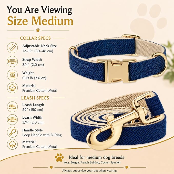 Herringbone Tweed Dog Collar and Leash Set for Medium Dogs, Navy Blue | Snag-free, no-rub design. Soft breathable cotton, gentle on fur. Adjustable durable matching combo for walks & outdoors.