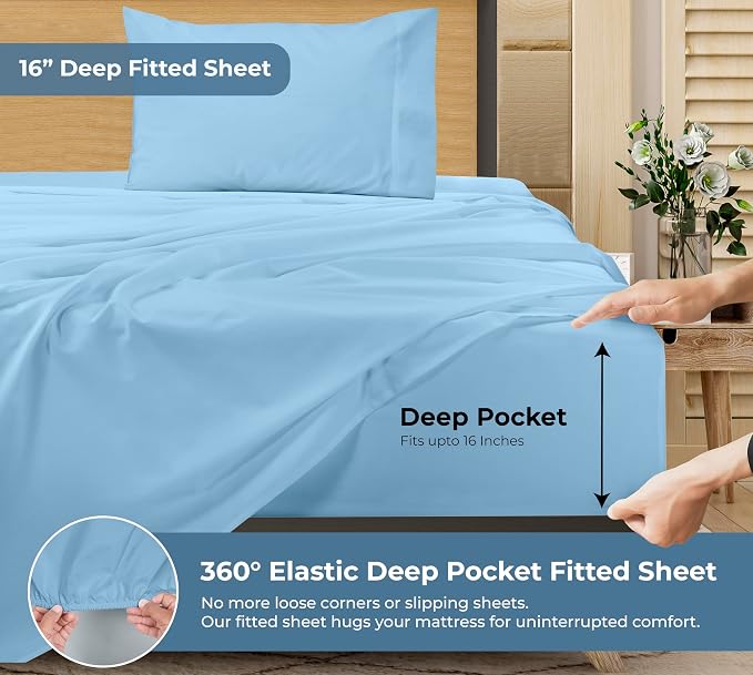 ROYALE LINENS 100% Organic Cotton Twin Sheet Set - Percale Weave - 3 Pieces Set - 1 Flat, 1 Deep Pocket Fitted Sheet and 1 Pillowcases - Lake Blue Bed Sheets - Sábanas Twin - Crisp Cool (Lake Blue)