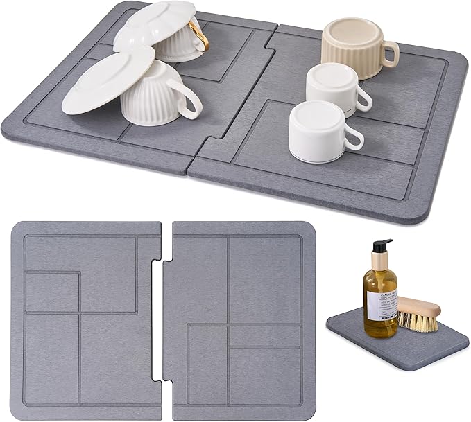 Large Stone Drying Mat for Kitchen Counter+Sink Caddy, 100% Natural Stone Dish Drying Mat, Quick Drying, Non-Toxic, BPA-Free, JIGSAW Drying Matt Kitchen Counter (Dark Gray 24"×16" & 8"x4")