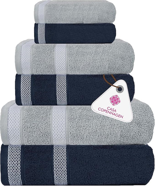 CASA COPENHAGEN Solitaire 6Pcs 100% Egyptian Cotton Large Designer Towels Gift Set- Grey Violet - Navy, 600GSM, 2Bath 2Hand 2Washcloths, Bath Towels for Bathroom Set for Women & Men