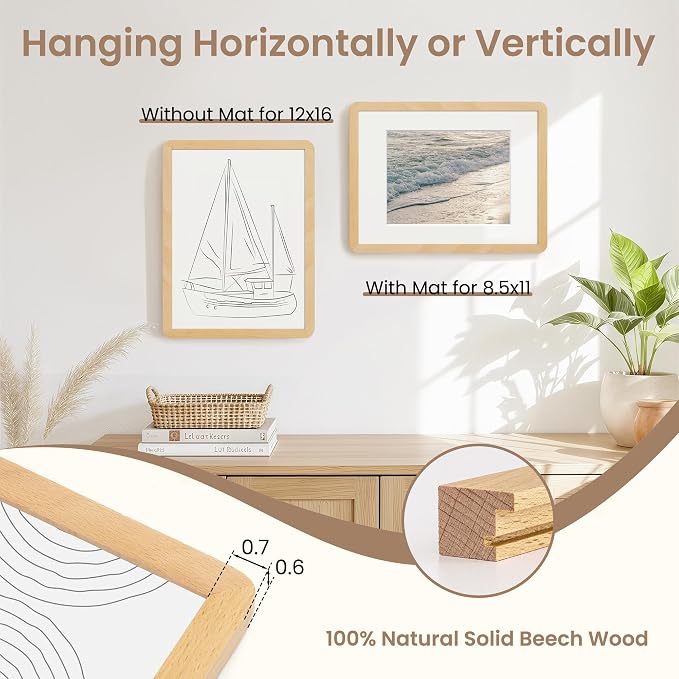 Fun Memories 12x16 Picture Frame - Solid Beech Wood 12x16 Poster Frame with Real Glass, 12 By 16 Picture Frame with Mat for 8.5x11, Horizontal or Vertical Wall Display, Natural Beech