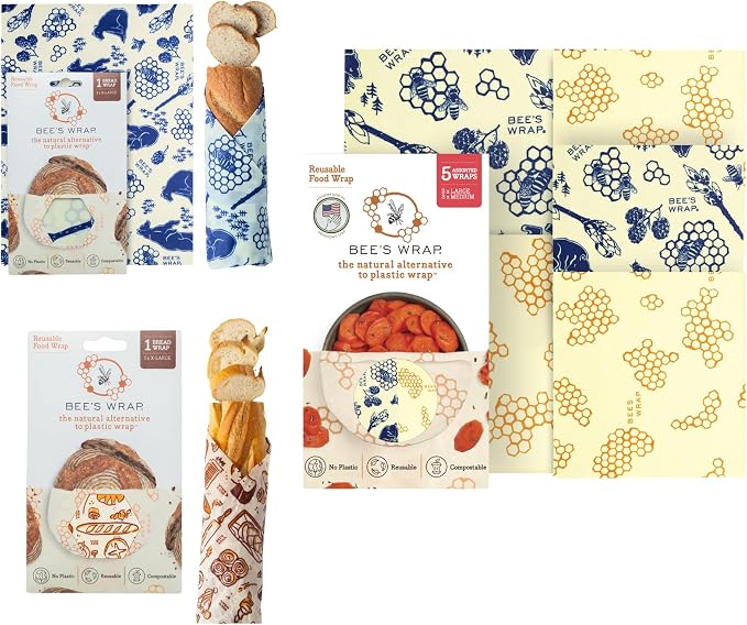 Bee's Wrap Discovery Trio - Beeswax Food Wraps Bundle Includes 1 Bakey Lane Bread Wrap, 1 Bees & Bears Bread Wrap, & 5 Assorted Prints - Made in the USA Beeswax Reusable Wraps for Food
