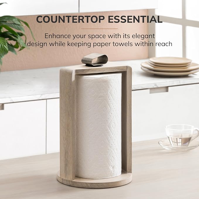 Anji Mountain Wooden Paper Towel Holder with Iron Holder, Holder Stand for Kitchen Roll Organizer & Kitchen Dining Table Home Décor, Countertop Fits Jumbo & Mega Rolls - Whitewash/Nickel, Top Load