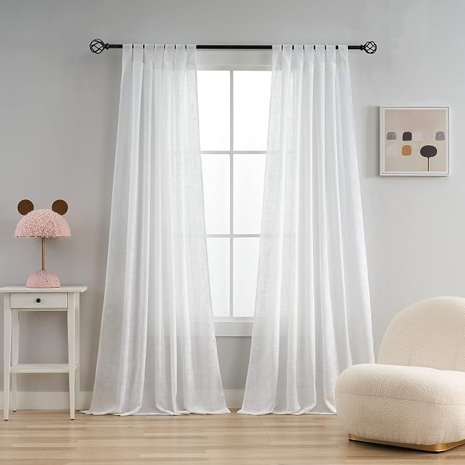 Semi Sheer Curtains- Light Filtering, Machine Washable Tab Top Drapes for Living Room Bedroom (White, 52" W x 90" L, Pack of 2)