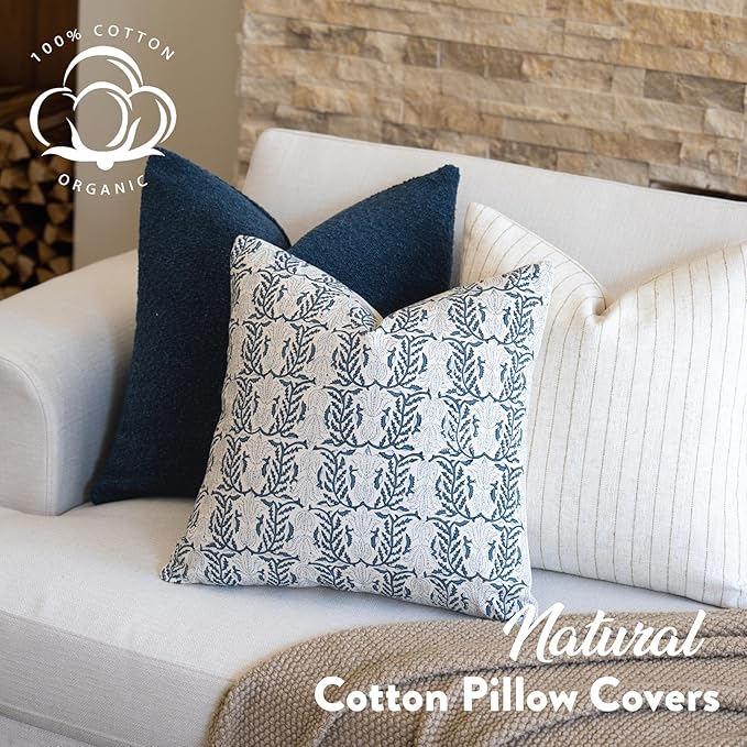 FIOUOVO Floral Throw Pillow Covers 20x20 Set of 2 Block Print Cushion Covers Farmhouse Neutral Accent Decorative Pillow Covers Home Decor for Sofa Couch Living Room Bedroom, Blue