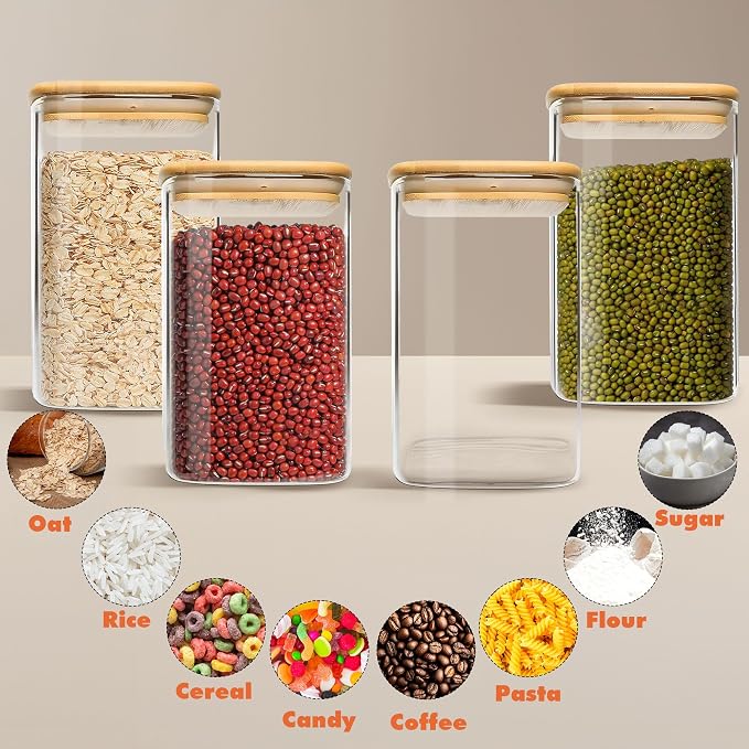 Glass Storage Containers with Airtight Bamboo Lids Set of 4,Pantry Food Storage Container,Perfect for Kitchen Organization-Flour, Rice, Pasta, Sugar, Coffee Beans, Accessories Included (4 packs(50oz))