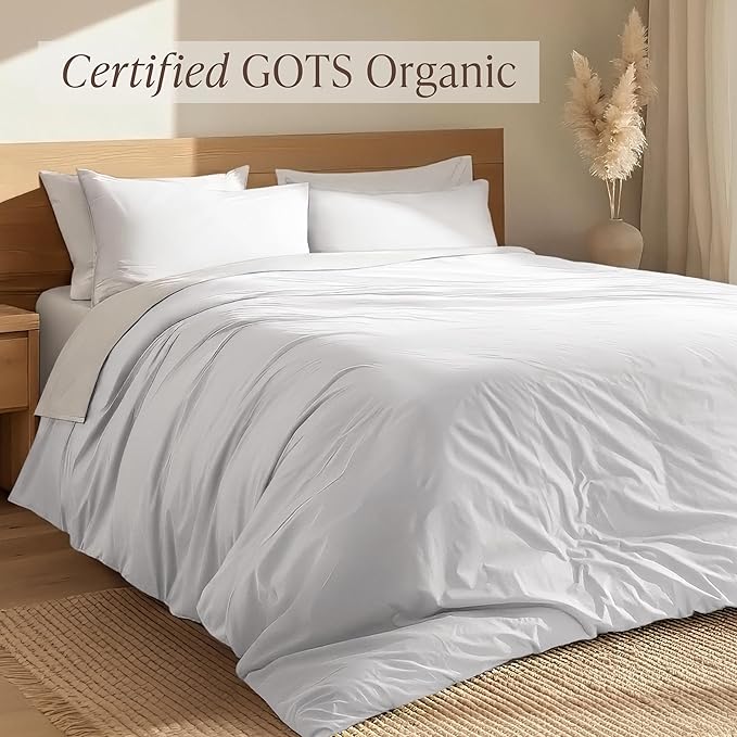 Bare Home 100% Organic Cotton Full Duvet Cover Set - Crisp Percale Weave - Lightweight & Breathable - Cooling Duvet Cover Set (Full, White)