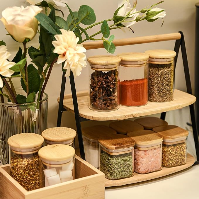 SHOWIN 8oz Glass Food Storage Jars, Glass Jars with Bamboo Lids, Kitchen Storage Jars, Set of 12, Canisters with Airtight Lids for Spice, Coffee, Cookie, Pantry Organizers
