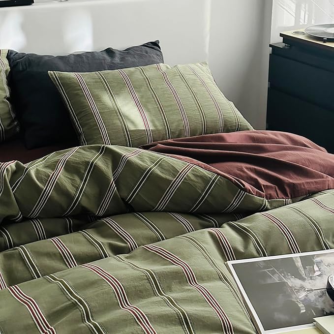 mixinni Vintage Olive Green Striped Duvet Cover Set King, 100% Cotton Yarn-Dyed Jacquard Bedding 3 Pieces, Reversible Design Retro Terracotta Comforter Cover with Zipper & Corner Ties