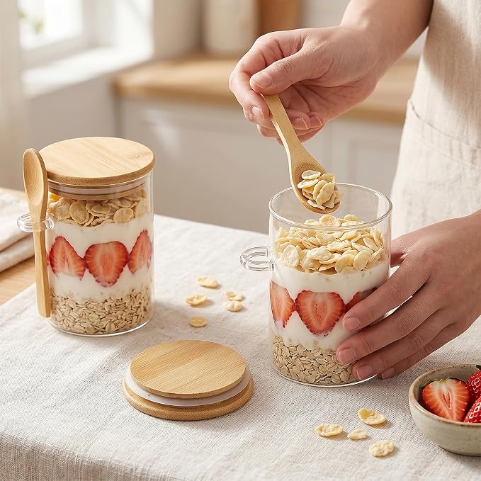 ZOOFOX 6 Pack Airtight Glass Jars with Bamboo Lids and Spoons, 17 oz Glass Sugar Container with Airtight Lid, Clear Storage Canister for Overnight Oats, Cookie, Coffee, Spice, Tea, Cereals, Condiment