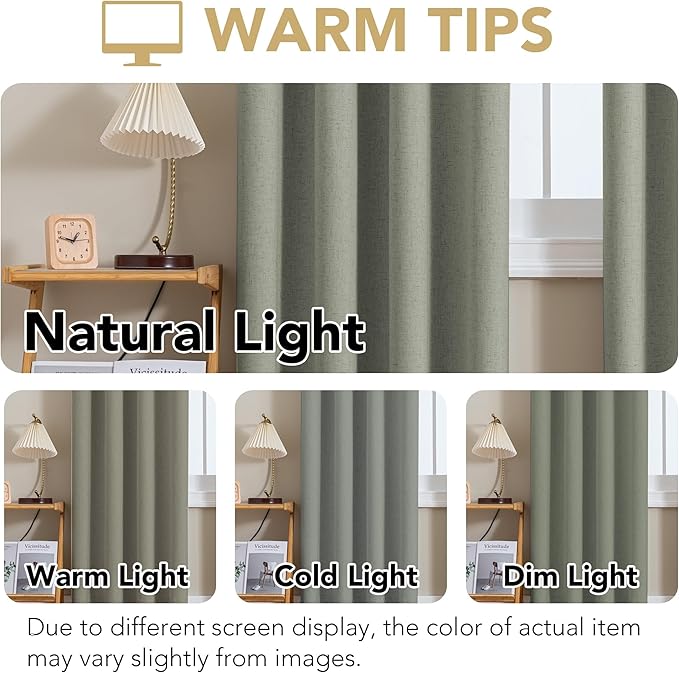 H.VERSAILTEX Linen Curtains 100% Blackout Curtains for Bedroom 90 inch Long Full Light Blocking Nature Linen Blended Window Curtains for Living Room Nickel Grommet (2 Panels, Heathered Dried Sage)