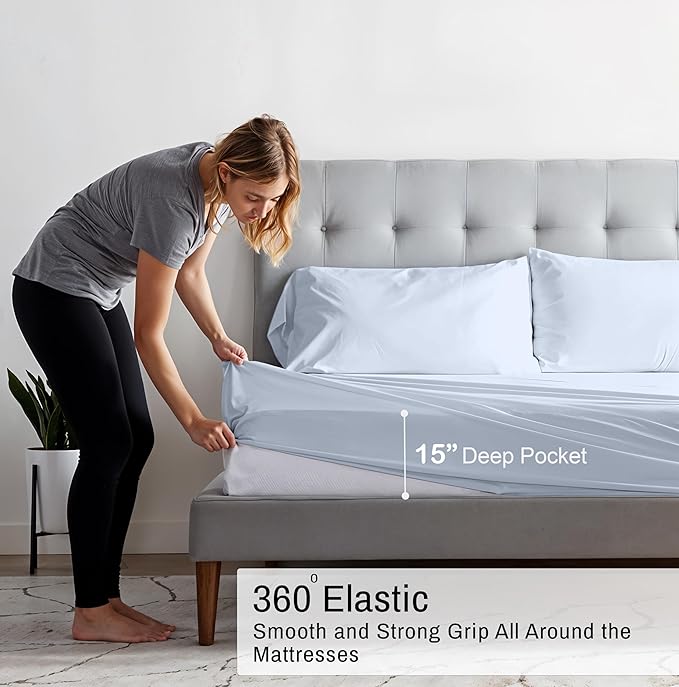 RUVANTI 100% Cotton Organic Percale Sheets Full Size – Crisp Cooling Bed Sheets for Hot Sleepers, Deep Pocket 15”, Soft Peach Finish, Breathable & Durable Hotel-Style 4 Pcs, Arctic Ice