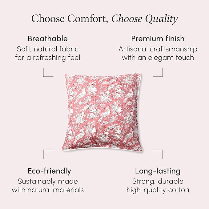 CPC 100% Cotton Throw Pillow Covers 20x20 Inch, Set of 2 Pink Block Print Pattern Couch Pillow, Cute Boho Decorative Pillows for Living Room, Bedroom with Hidden Zipper- Pink Coral