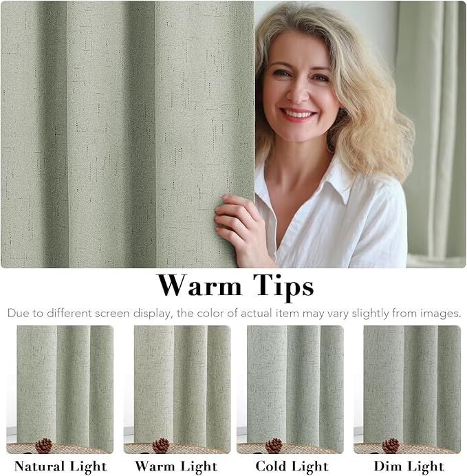 H.VERSAILTEX Linen Curtains 100% Blackout Curtains for Bedroom 102 inch Long Full Light Blocking Nature Linen Blended Window Curtains for Living Room Nickel Grommet (2 Panels, Sage)