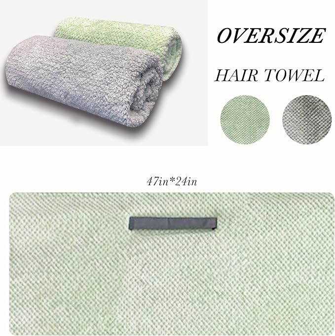 Simnice 2 Pack Extra Microfiber Hair Towel Wrap for Women,Super Soft Anti Frizz Hair Wrap Towels with Elastic Band for All Hairstyles Grey & Green