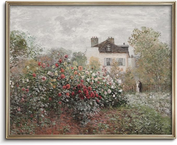 Vodefoad Vintage Rose Garden Wall Decor, Country Landscape Wall Art, Cottage Flower Garden Landscape Oil Art Print, Pastoral Style Retro Wall Decor for Gallery Living Room Bedroom (UNFRAMED 8x10in)