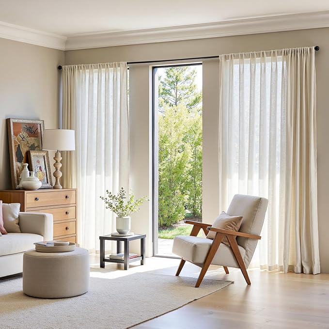 jinchan Extra Wide Sliding Door Curtain 84 Inch Length Natural Linen Curtains Semi Sheer Drapes for Patio Door Living Room Bedroom Home Office Light Filtering Beige Drapes 100 Inches Wide 1 Panel