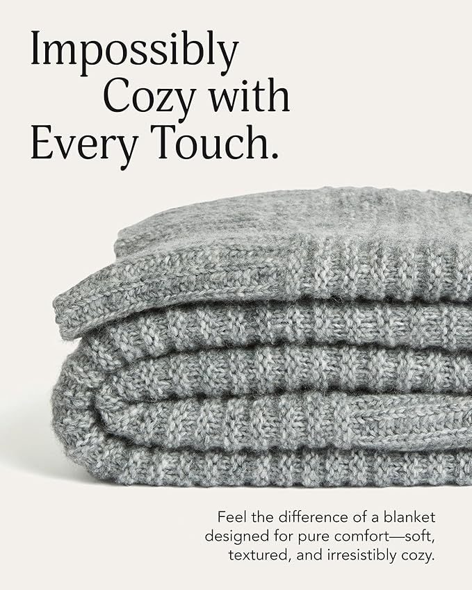 UnHide Melange Knit Blanket - 60" x 80" Textured & Ultra-Soft Wool Throw - Timeless & Breathable Knitted Blanket for Bedroom & Living Room - Silver Fox