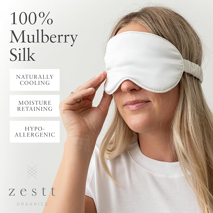 Zestt Organics Silk Sleep Mask Set, 100% Mulberry Silk Eye Mask for Women with Hair Scrunchie & Matching Carry Bag (Black)