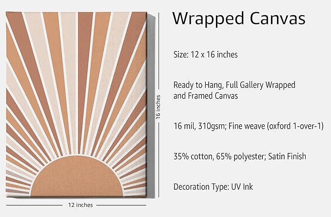 Boho Rising Sun Wrapped Canvas Wall Art Sunburst Rays Earth Tones Terracotta 12x16 Inch Gallery Stretched Minimalist Modern Home Art Decor