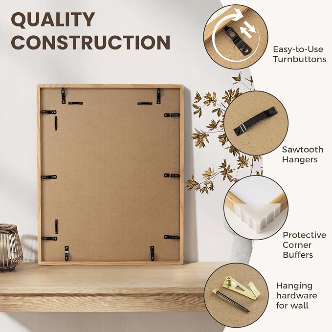 16x20 Picture Frame, USA-Sourced Oak Wood Frame Wall Mounted, 16x20 Poster Frame with Real Glass, 16 x 20 Picture Frame Matted to 11x14 Photo for Vertical & Horizontal Hanging, 1 Pack