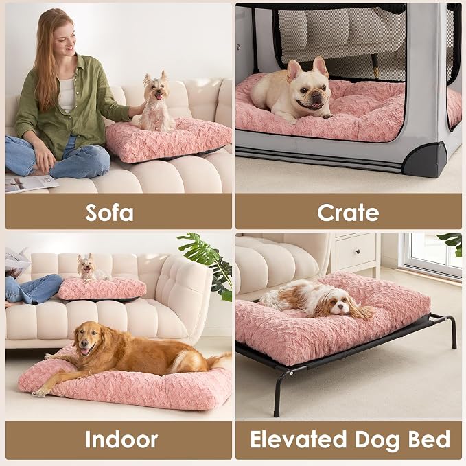 EHEYCIGA Washable Large Dog Bed for Crate 35x23 Inch, Kennel Pad for Dogs Up to 45 lbs, Plush and Comfy Pet Sleeping Mat, Pink