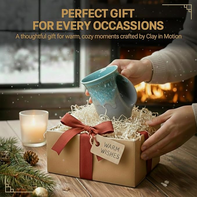 Clay in Motion Hand Warmer Coffee Mug – Handmade Coffee Mug With Comfortable Handle Contoured Pocket Hand Warming Ceramic Coffee Mug – Proudly Made in USA – Right Handed – 14 Oz - Riverstone