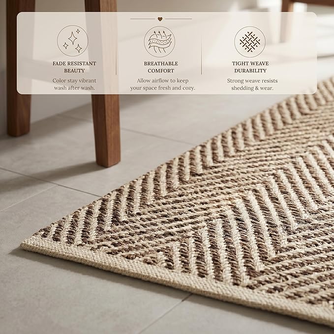 Cotton Chevron Hand Woven Area Rug 2x3 Feet - Beige, Farmhouse Decorative Floor Small Rugs Ideal for Entryway, Kitchen, Bedroom | Linen Washable Neutral Geomatric Reversible Front Door Patio Mats