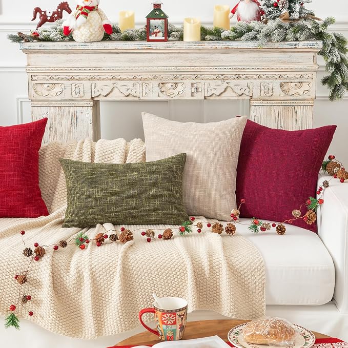 Kevin Textile Faux Linen Throw Cushion Covers Shams Textural Christmas Pillowcase with Hidden Zipper, 26"x26"(2 Pack, Burgundy)