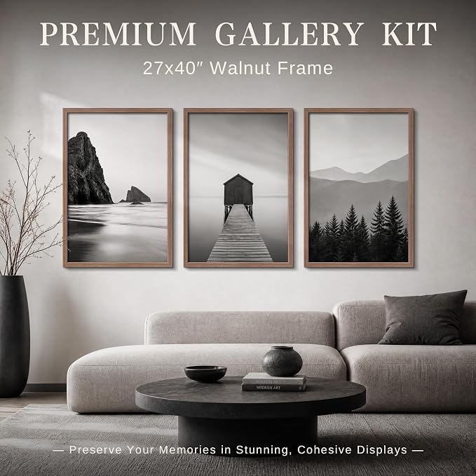 VCK 27x40 Poster Frame 3 Pack - Walnut Solid Wood Picture Frames, Exclusive Wood Grain Picture Frames, Wall Hanging