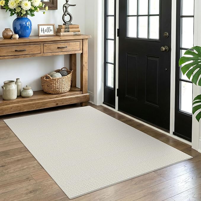EARTHALL Washable Area Rug 4x5 Ft Non Slip Rugs for Entryway Braided Throw Rugs Bedroom Carpet Cotton Entry Rug Woven Floor Rug for Bedroom Dining Room Living Room, Cream/Grayish