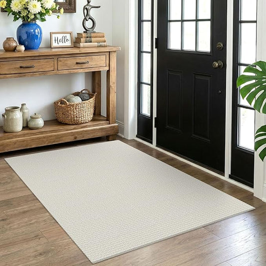 EARTHALL Washable Area Rug 4x5 Ft Non Slip Rugs for Entryway Braided Throw Rugs Bedroom Carpet Cotton Entry Rug Woven Floor Rug for Bedroom Dining Room Living Room, Cream/Grayish