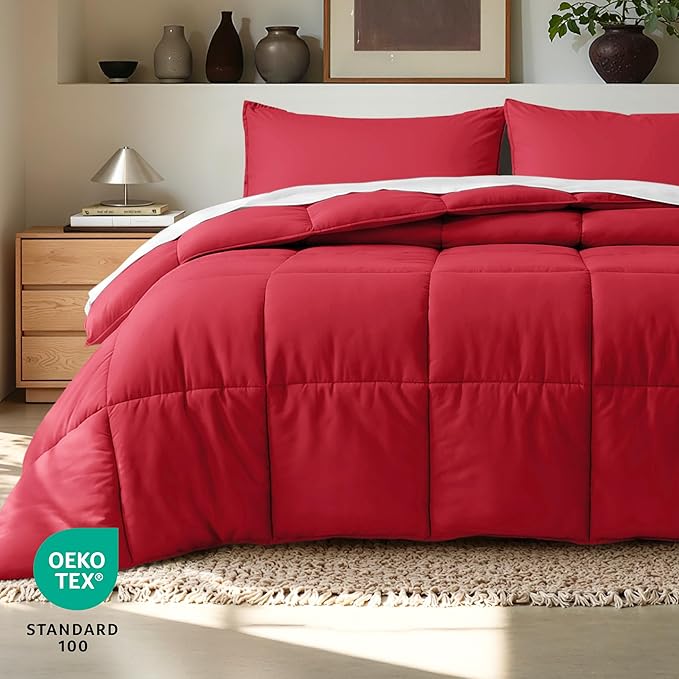 Bare Home Comforter Set - Queen Size - Ultra-Soft - Goose Down Alternative - Premium 1800 Series - All Season Warmth (Queen, Red)
