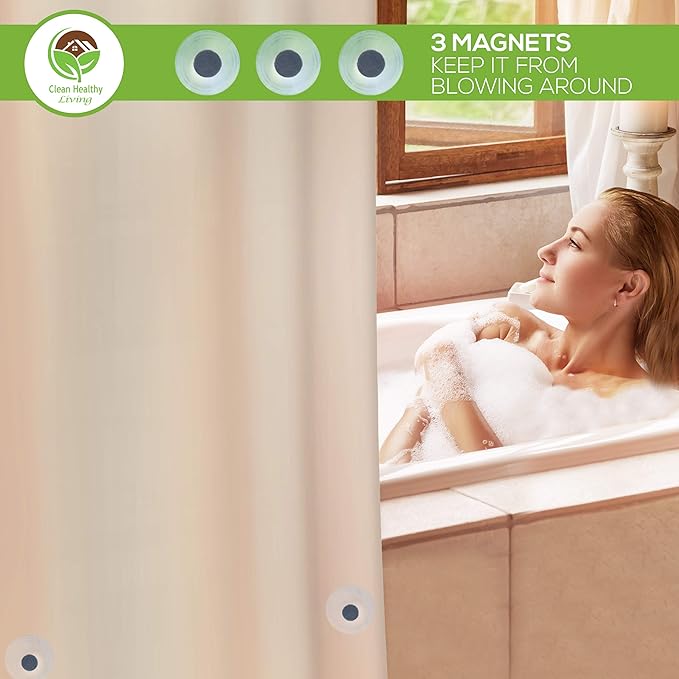 Clean Healthy Living Premium PEVA Taupe Shower Curtain Liner with Magnets & Suction Cups - 70 X 71 inches Long